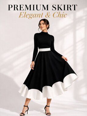 Black White Midi Skirt High Waist Elegant A-Line Pleated Skirt Size L